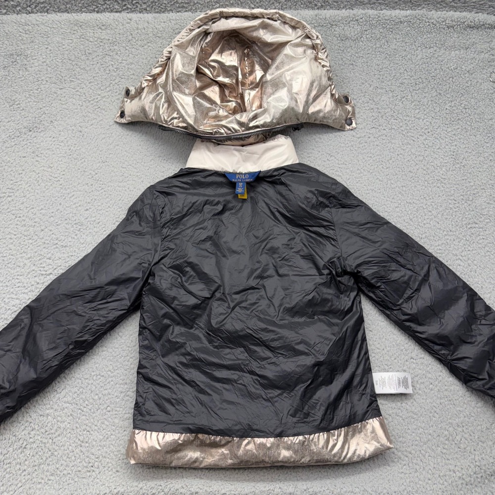 Polo Ralph Lauren Kids Size 7 Metallic Silver Hooded Puffer Jacket Winter Coat - Picture 12 of 16